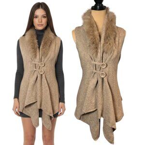 Fur Collar Sweater West Sz M Beige Asymmetric Babydoll Wool Blend Boho Y2K